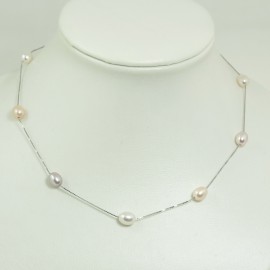 Collier fin perles d'eau douce multicolores Chaîne Argent - 7.0x8.5 mm