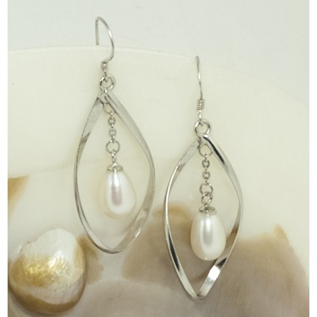 Boucles d'Oreilles Perles d'Eau Douce Blanches et Plaqué Rhodium